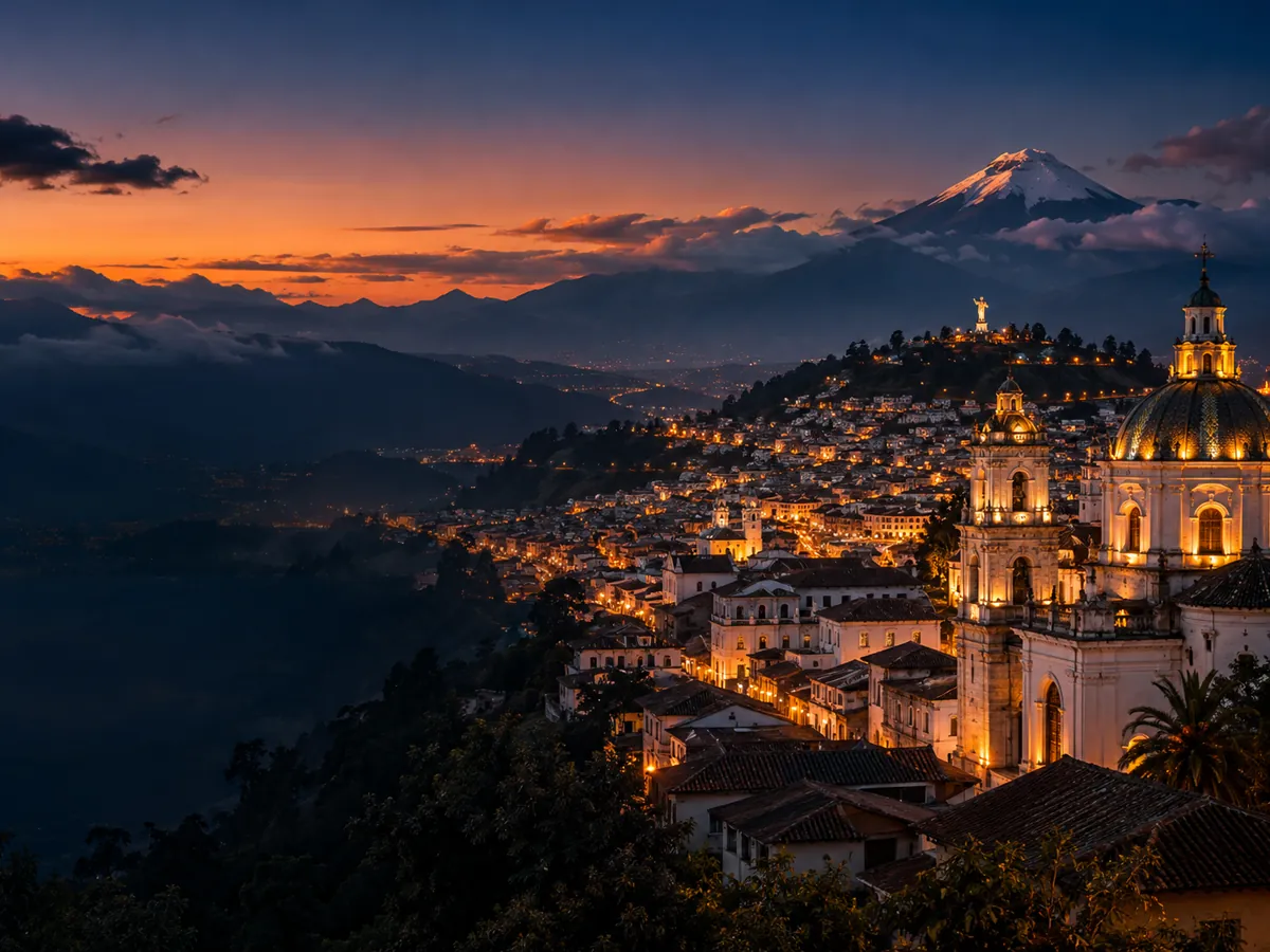 Centro histórico de Quito iluminado al anochecer con volcán al fondo